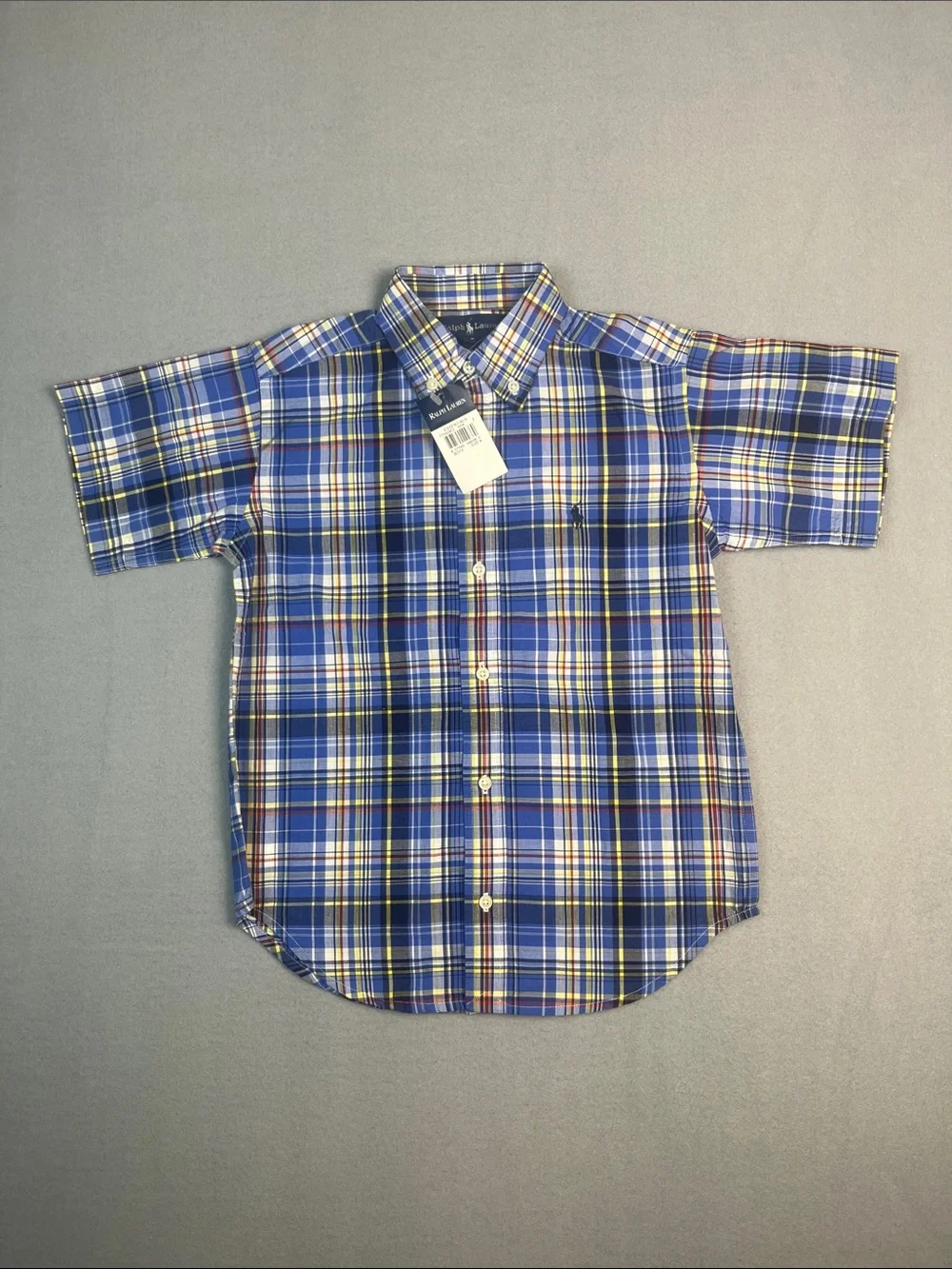 Ralph Lauren Boys Blue Plaid Short-Sleeve Button-Down Shirt Size: 6